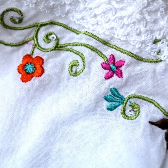 Soaked White/Multi boho embroidered bell sleeve V-neck crocheted  cover … - Picture 3 of 8